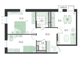 Планировка трехкомнатной(квартира) площадью 68.6 квадратных метров в “ЖК G3 Театральный”