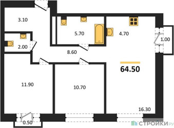 Планировка двухкомнатной(квартира) площадью 64.5 квадратных метров в ЖК “ЖК Квартал Метроном”