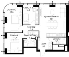 Планировка трехкомнатной(квартира) площадью 85.7 квадратных метров в “ЖК Сити Бэй”