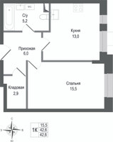 Планировка однокомнатной(квартира) площадью 42.6 квадратных метров в “ЖК КИНОКВАРТАЛ”