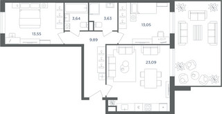 Планировка трехкомнатной(квартира) площадью 66.7 квадратных метров в “ЖК Равновесие”