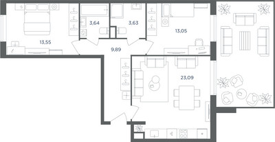 Планировка трехкомнатной(квартира) площадью 66.7 квадратных метров в ЖК “ЖК Равновесие”