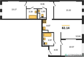 Планировка трехкомнатной(квартира) площадью 82.14 квадратных метров в “ЖК Молжаниново”