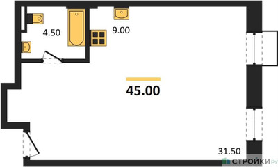 Планировка студии(квартира) площадью 45 квадратных метров в ЖК “ЖК Резиденции Архитекторов”