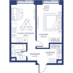 Планировка однокомнатной(квартира) площадью 38.6 квадратных метров в ЖК “ЖК Свет”
