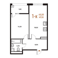Планировка однокомнатной(квартира) площадью 47.1 квадратных метров в “ЖК Новое Летово”