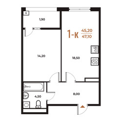 Планировка однокомнатной(квартира) площадью 47.1 квадратных метров в ЖК “ЖК Новое Летово”