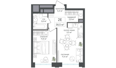 Планировка двухкомнатной(квартира) площадью 38.5 квадратных метров в ЖК “ЖК Михалковский”