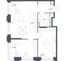 Планировка двухкомнатной(квартира) площадью 63.57 квадратных метров в ЖК “ЖК Верейская 41”