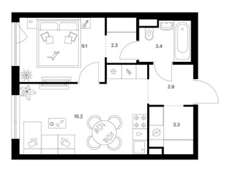 Планировка однокомнатной(квартира) площадью 37.2 квадратных метров в ЖК “ЖК Кавказский бульвар 51”