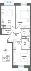 Планировка двухкомнатной(квартира) площадью 63.1 квадратных метров в ЖК “ЖК КИНОКВАРТАЛ”