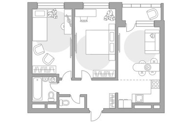 Планировка трехкомнатной(квартира) площадью 56.45 квадратных метров в ЖК “ЖК Ильинойс”