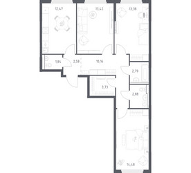 Планировка трехкомнатной(квартира) площадью 77.73 квадратных метров в ЖК “ЖК Пригород Лесное”
