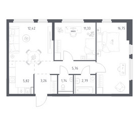 Планировка двухкомнатной(квартира) площадью 59.87 квадратных метров в ЖК “ЖК Пригород Лесное”