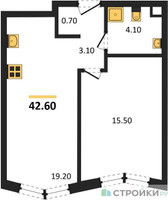 Планировка однокомнатной(квартира) площадью 42.6 квадратных метров в “Акценты”