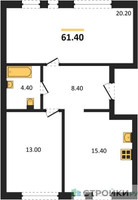 Планировка двухкомнатной(квартира) площадью 61.4 квадратных метров в “ЖК Шагал”