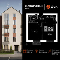 Планировка однокомнатной(квартира) площадью 36.9 квадратных метров в “ЖК Жаворонки Клаб”