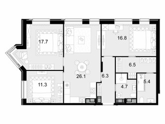 Планировка трехкомнатной(квартира) площадью 94.9 квадратных метров в ЖК “ЖК Трилогия Кристалл”