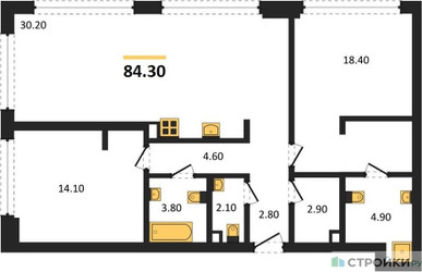 Планировка двухкомнатной(квартира) площадью 84.3 квадратных метров в ЖК “ЖК СТОУН Грэйн”