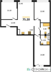 Планировка трехкомнатной(квартира) площадью 75.2 квадратных метров в ЖК “ЖК Родные кварталы”