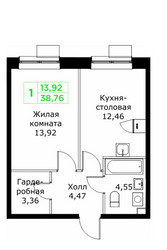 Планировка однокомнатной(квартира) площадью 38.76 квадратных метров в ЖК “ЖК КИТ 2”
