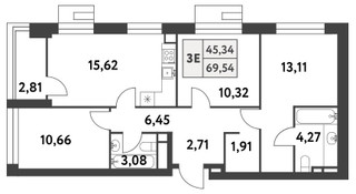 Планировка трехкомнатной(квартира) площадью 69.5 квадратных метров в “ЖК Smart Garden (Смарт Гарден)”