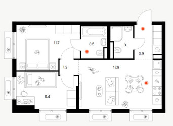 Планировка двухкомнатной(квартира) площадью 50.6 квадратных метров в ЖК “ЖК Восточное Бутово”