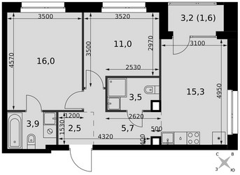Планировка трехкомнатной(квартира) площадью 59.5 квадратных метров в ЖК “ЖК Симоновский вал”