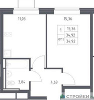 Планировка однокомнатной(квартира) площадью 34.92 квадратных метров в “ЖК Богдановский Лес”