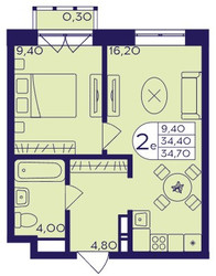 Планировка двухкомнатной(квартира) площадью 34.7 квадратных метров в ЖК “ЖК Героев”