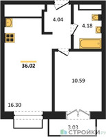 Планировка однокомнатной(квартира) площадью 36.02 квадратных метров в “ЖК Одинбург”