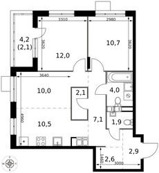 Планировка трехкомнатной(квартира) площадью 65.9 квадратных метров в ЖК “ЖК 1-й Саларьевский (Первый Саларьевский)”