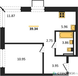 Планировка однокомнатной(квартира) площадью 39.34 квадратных метров в ЖК “ЖК Квартал Западный”