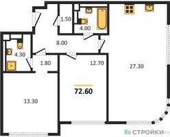 Планировка двухкомнатной(квартира) площадью 72.6 квадратных метров в “ЖК Нагатино Ай-Лэнд”
