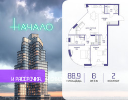 Планировка двухкомнатной(квартира) площадью 88.9 квадратных метров в “ЖК Начало”