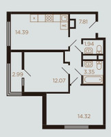 Планировка двухкомнатной(квартира) площадью 57 квадратных метров в “ЖК Миниполис Рафинад”