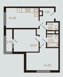 Планировка двухкомнатной(квартира) площадью 57 квадратных метров в ЖК “ЖК Миниполис Рафинад”