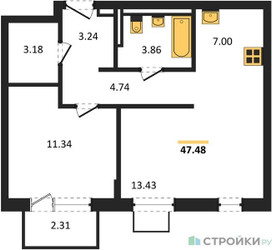 Планировка однокомнатной(квартира) площадью 47.48 квадратных метров в ЖК “ЖК Квартал Западный”