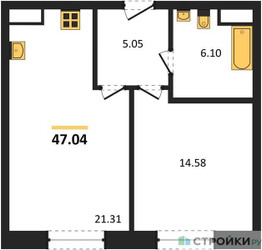 Планировка однокомнатной(квартира) площадью 47.04 квадратных метров в ЖК “ЖК Sezar City (Сезар Сити)”