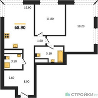 Планировка двухкомнатной(квартира) площадью 68.9 квадратных метров в “Кутузов Сити”