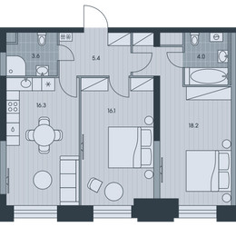 Планировка трехкомнатной(квартира) площадью 63.6 квадратных метров в ЖК “ЖК Ever (Эвер)”