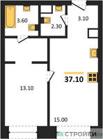 Планировка однокомнатной(квартира) площадью 37.1 квадратных метров в “ЖК Voice Towers (Войс Тауэрс)”