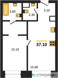Планировка однокомнатной(квартира) площадью 37.1 квадратных метров в ЖК “ЖК Voice Towers (Войс Тауэрс)”