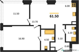 Планировка двухкомнатной(квартира) площадью 61.5 квадратных метров в “Акценты”