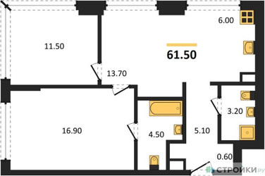 Планировка двухкомнатной(квартира) площадью 61.5 квадратных метров в ЖК “Акценты”