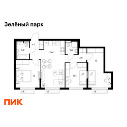Планировка трехкомнатной(квартира) площадью 68.2 квадратных метров в ЖК “ЖК Зеленый парк”