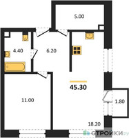 Планировка однокомнатной(квартира) площадью 45.3 квадратных метров в “ЖК Шагал”