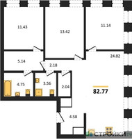 Планировка трехкомнатной(квартира) площадью 82.77 квадратных метров в “ЖК Insider (Инсайдер)”
