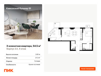 Планировка двухкомнатной(квартира) площадью 54.5 квадратных метров в ЖК “ЖК Кавказский бульвар 51”