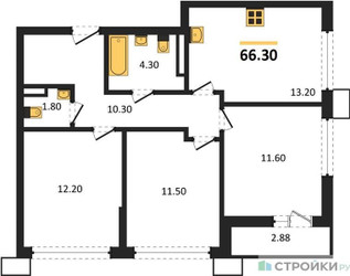 Планировка трехкомнатной(квартира) площадью 66.3 квадратных метров в ЖК “ЖК Родные кварталы”